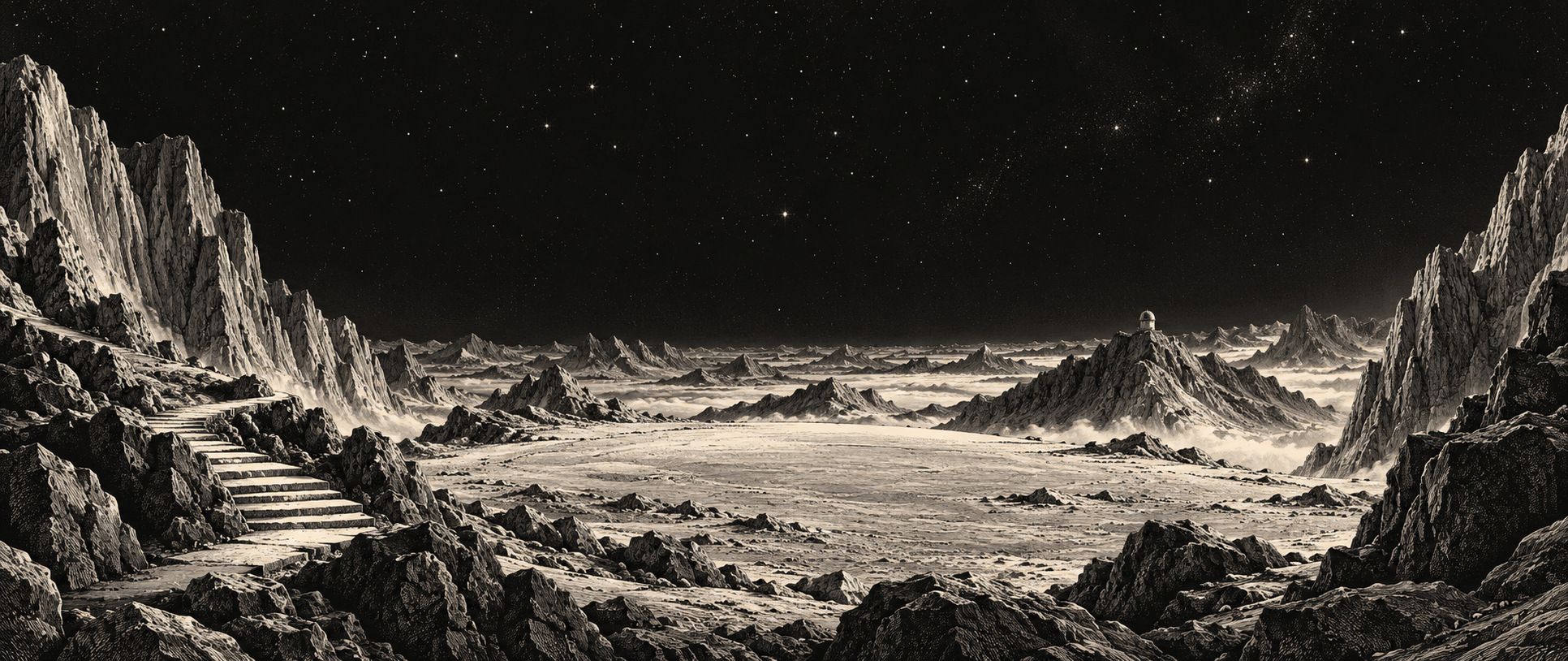 An engraved lunar mountain landscape with a distant observatory beneath a star-filled sky