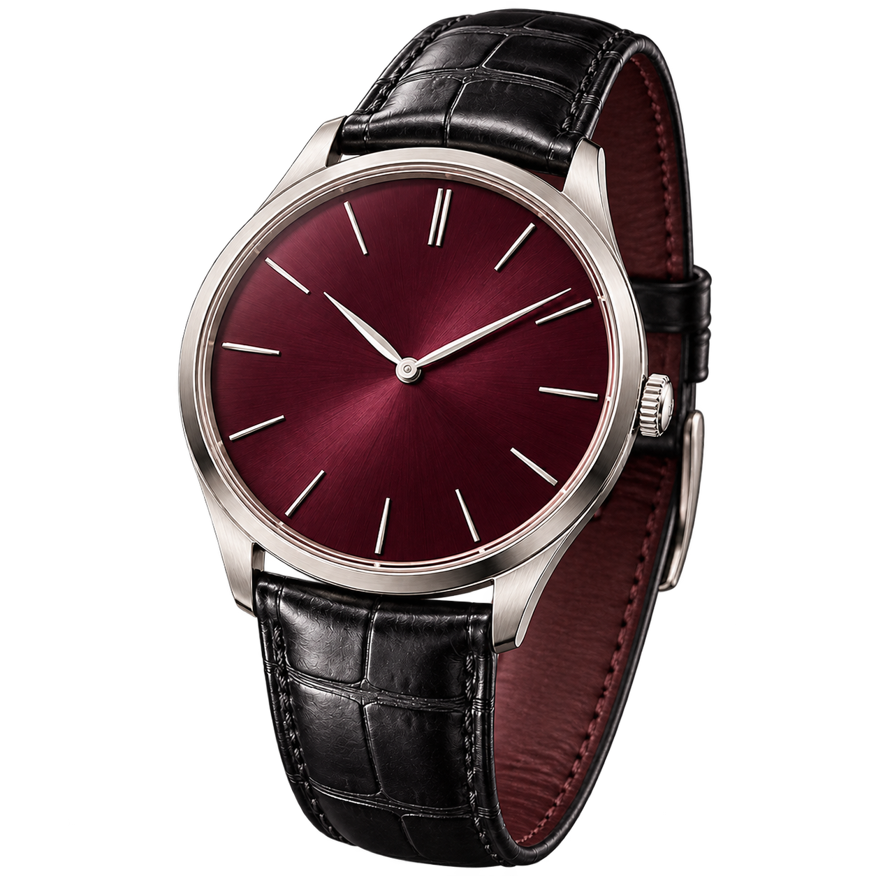 The Nocturne platinum watch with a wine-coloured dial and black leather strap